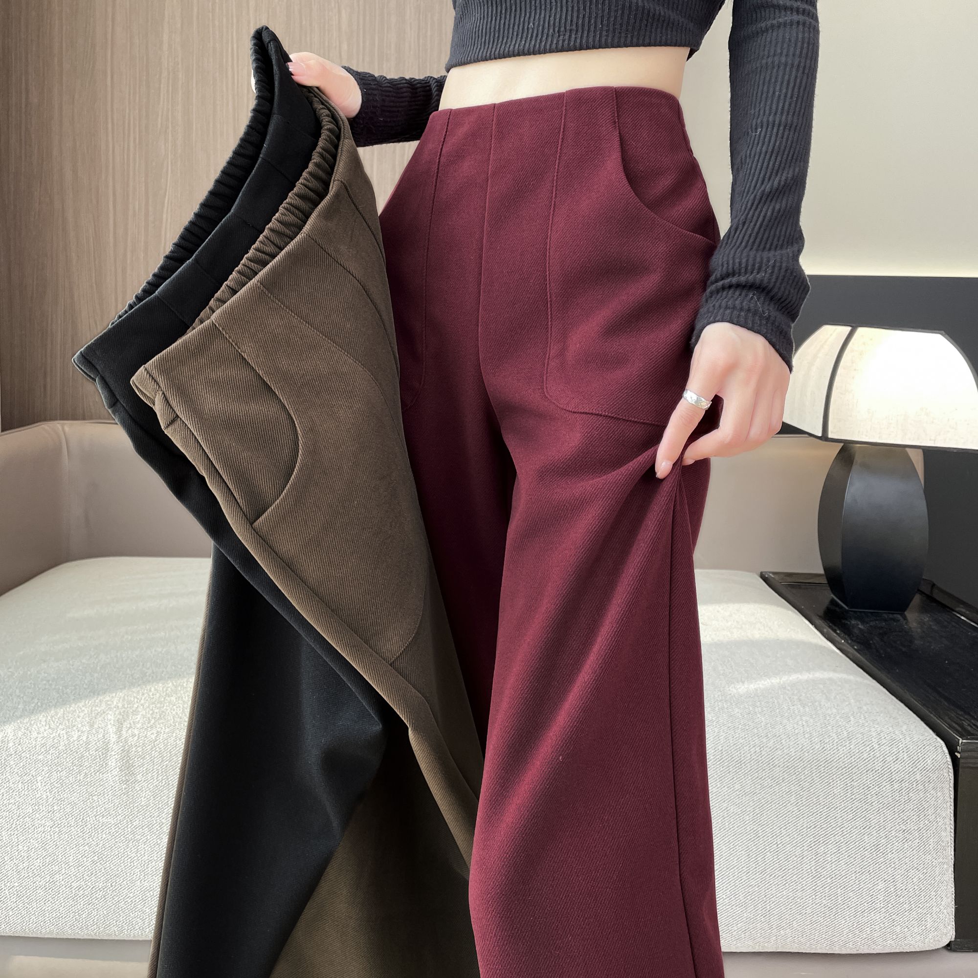 秋冬季毛呢窄版阔腿裤女显瘦垂感九分大码加绒加厚高腰直筒休闲裤