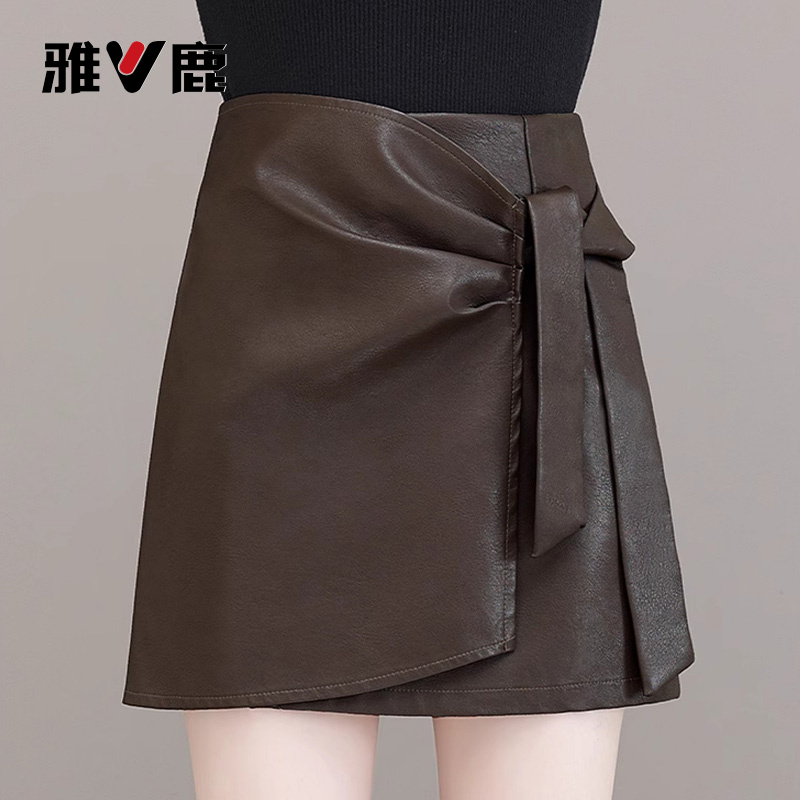 雅鹿pu皮短裙女秋冬新款设计感高腰显瘦a字裙时尚绑带包臀半身裙