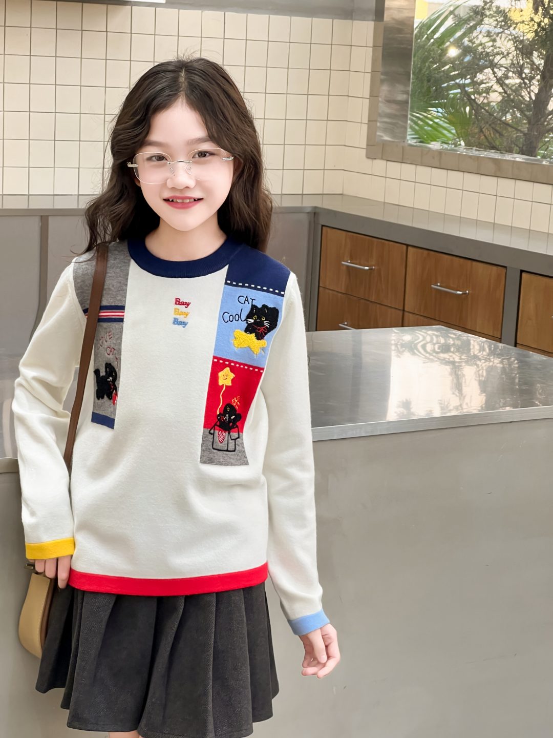 女童套头针织衫假两件卡通毛衣中大童洋气圆领套头衫长袖衫亲子装