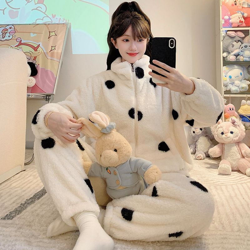 加大码睡衣女冬季加厚保暖高领拉链套装家居服休闲宽松胖MM家居服