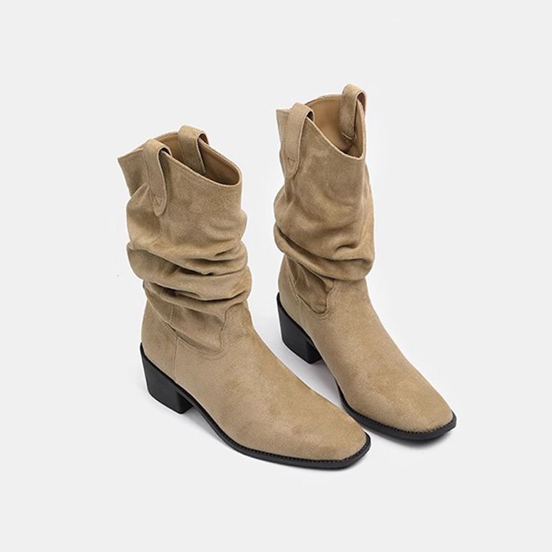 2025秋季新款骑士靴子复古中筒堆堆靴西部瘦瘦靴女粗跟马丁靴短靴