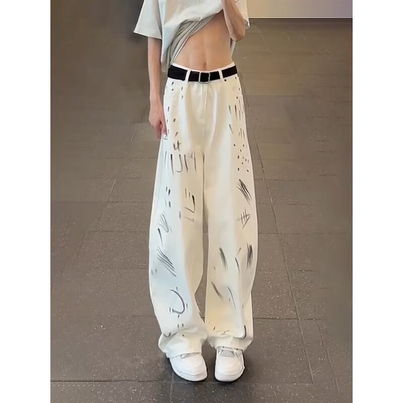 磨毛男阔腿裤男士破洞宽松牛仔裤印花高街薄款显瘦休闲裤美式运动