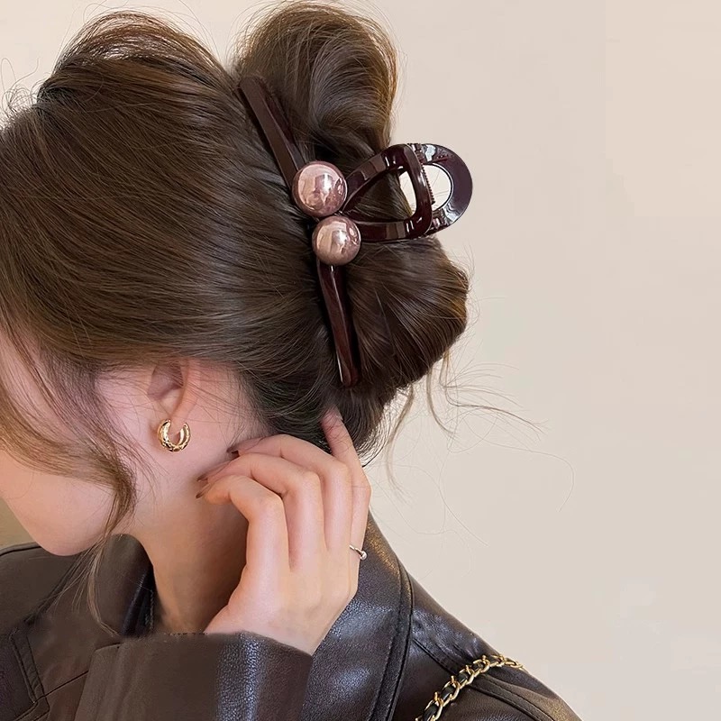 玫乐发饰复古咖色珠珠高颜值流行新款大号发夹刘海女生氛围感