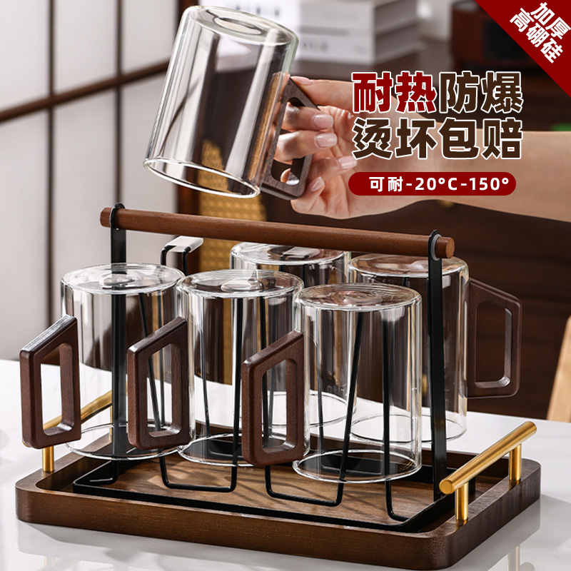 耐高温玻璃杯套装家用轻奢高级感木柄泡绿茶水杯待客喝水杯子6只