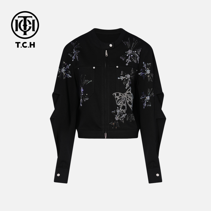 TCH私服烫钻工艺时尚休闲百搭秋款拉链衫女T75C17E1009轻奢tch