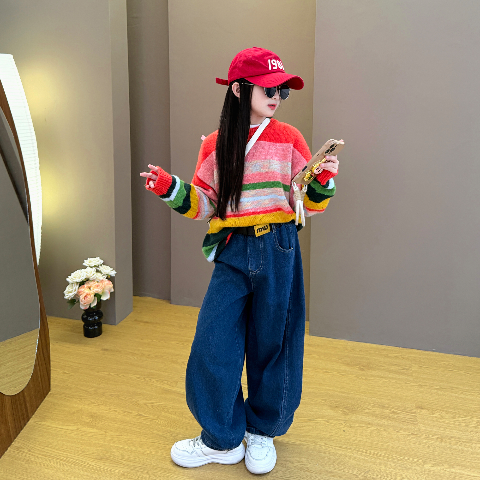女童2025新款中大童韩版时尚春秋季彩色条纹毛衣牛仔阔腿裤套装潮