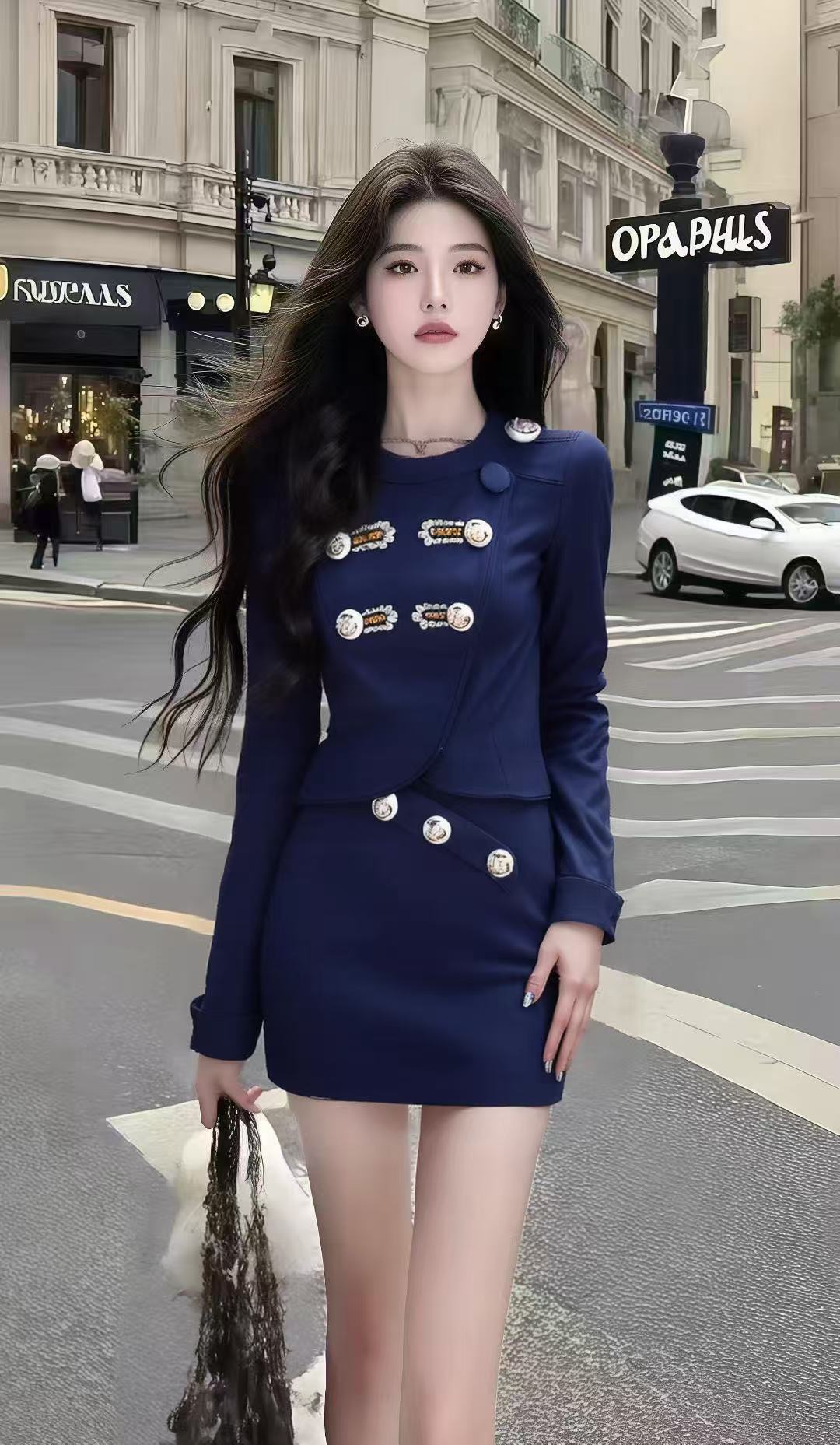 秋季新款小众穿搭深蓝色圆领长袖修身上衣+设计感包臀半身裙套装