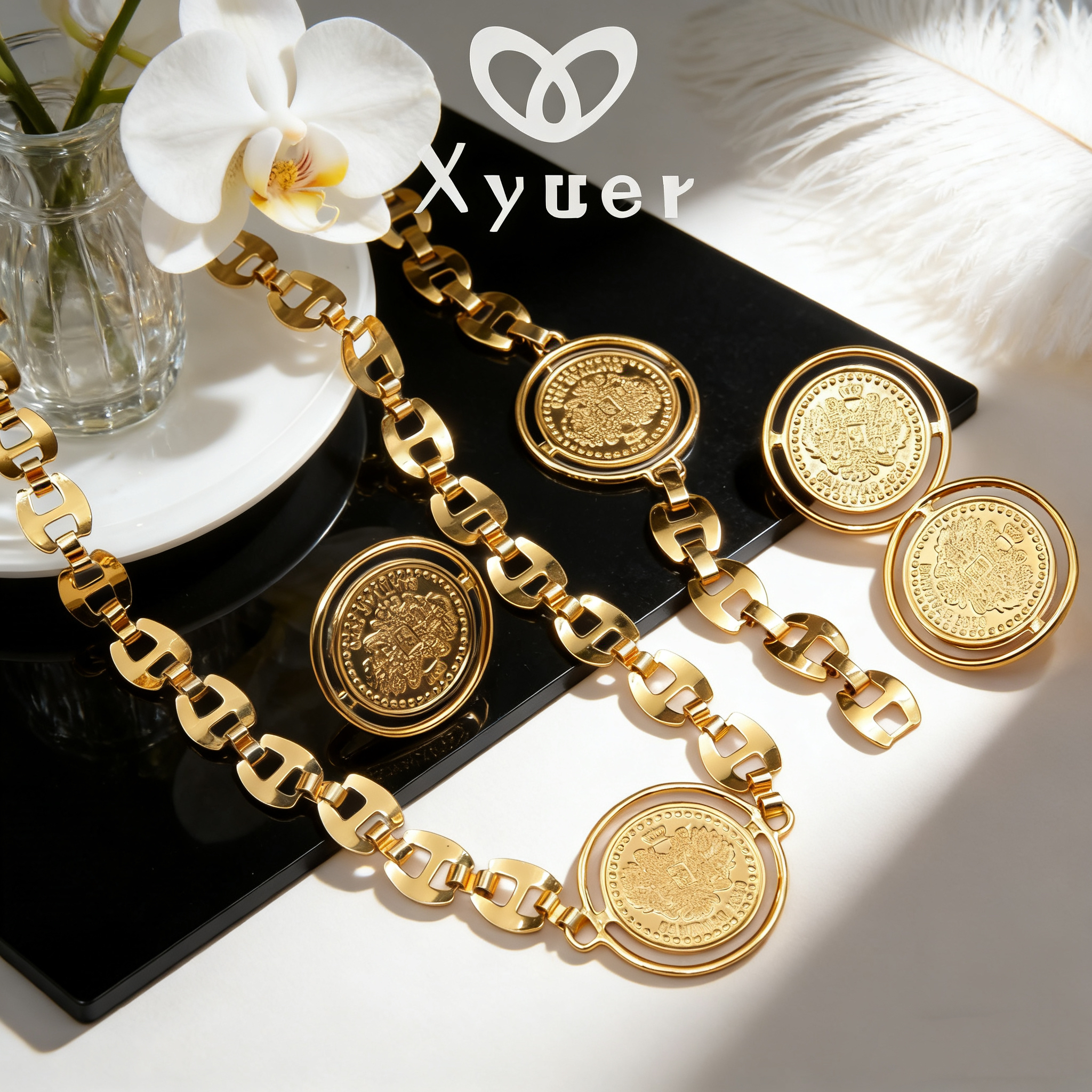 Xyuer/谢雨儿 钛钢项链 Xyuer谢雨儿圆形立体花硬币款项链套装