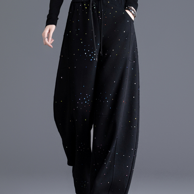 黑色运动裤女卫裤满天星美式松弛感裤子宽松bf慵懒风弯刀休闲长裤