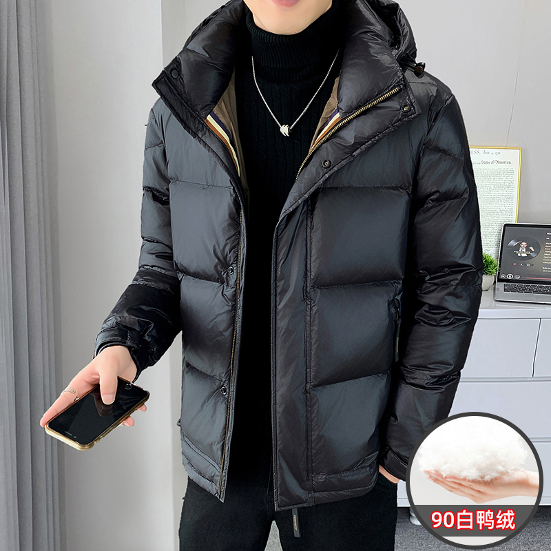 贾鲁萨加高端时尚秋冬羽绒服男士潮牌亮面百搭加厚白鸭绒连帽外套