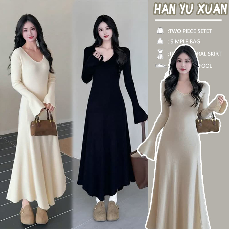 孕妇装V领内搭长袖针织连衣裙2026秋冬新款高级感显瘦修身长裙子