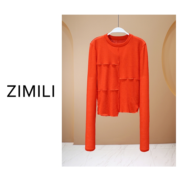 【亮哥女装】2025欧版《微光》落霞红拼接走线高弹网纱上衣8026-A9