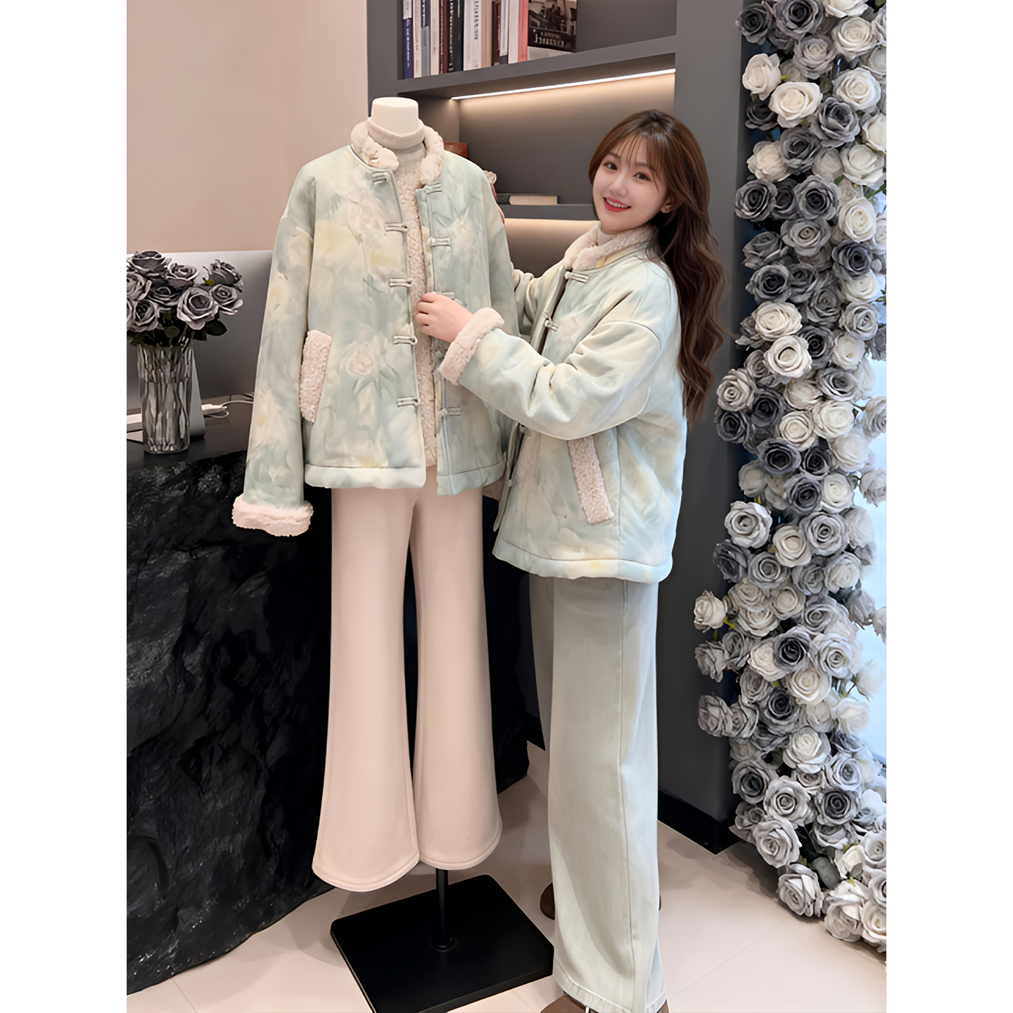 印花新中式百搭时尚棉服2025冬季新款洋气中国风单排扣设计外套女