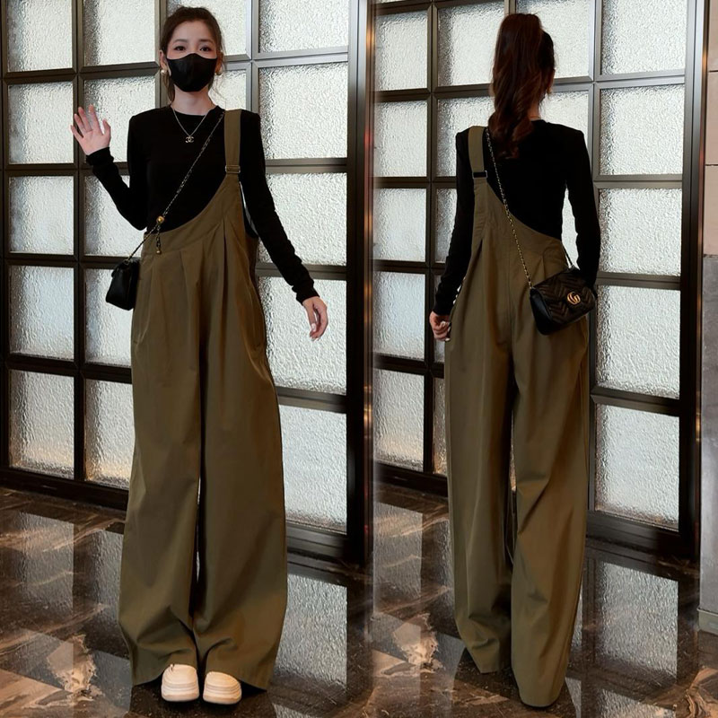 拉夏贝尔时尚套装秋季长袖T恤休闲阔腿连体裤工装背带裤两件套