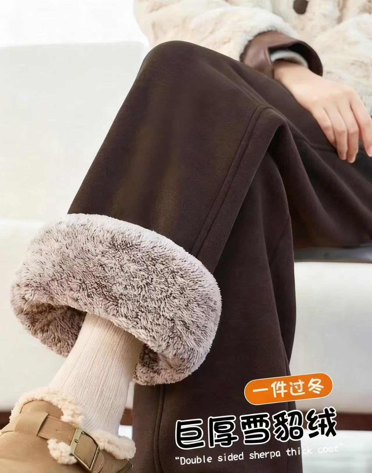 正品特厚雪貂绒人字纹羊+绒垂感毛呢裤直筒显瘦女裤