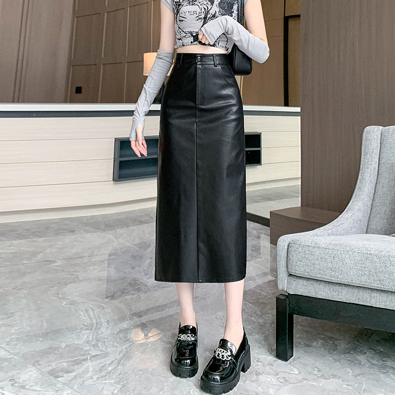 直筒洗水pu皮开叉半身裙女秋季2025秋冬装新款中长款包臀a字裙子