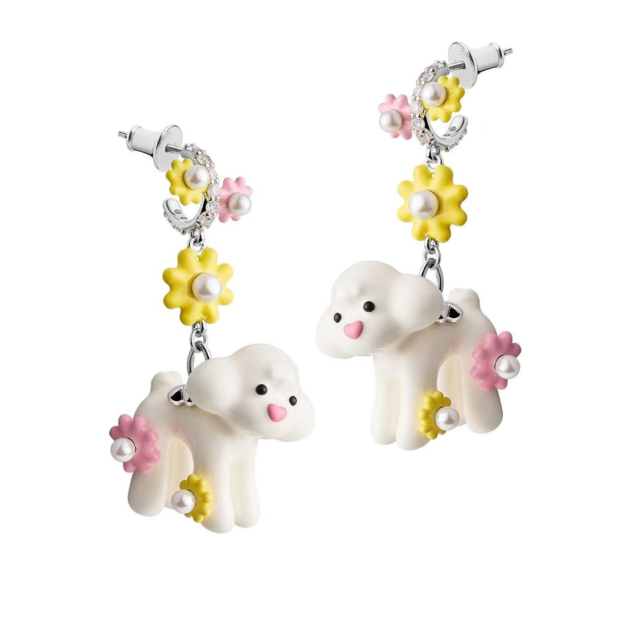 合金耳饰 花花奶白泰迪耳环女时尚百搭高级感可爱灵动设计感饰品