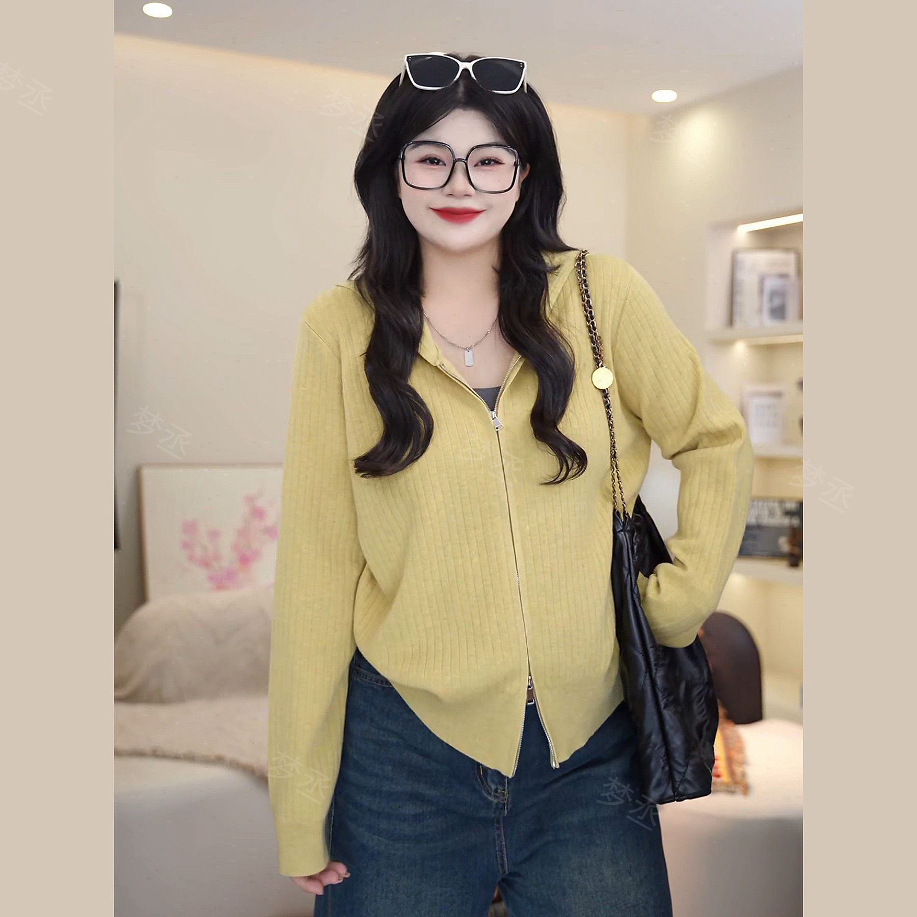 梦丞-胖mm大码显瘦女装冬季V领坑条拉链连帽洋气长袖针织开衫