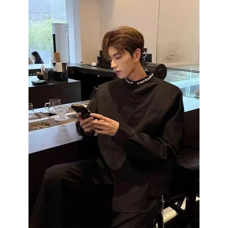 黑色小香风钉珠长袖衬衫男士痞帅高级感西装内搭立领高级感衬衣衫