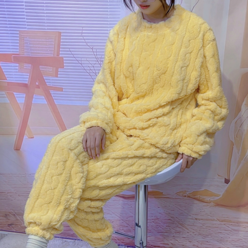 情侣睡衣女秋冬季法兰绒冬季珊瑚绒保暖外穿家居服套装加绒加厚