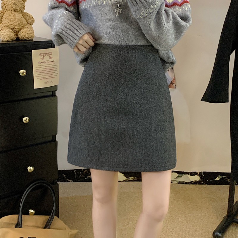 韩系加厚灰色复古高腰显瘦休闲包臀A字短款毛呢短裙半身裙女秋冬