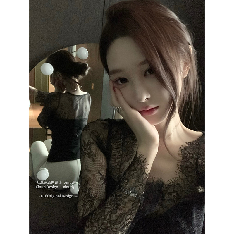 杜总家 微醺小巴黎*原创辣妹蕾丝透视显瘦打底衫女抽褶设计感上衣