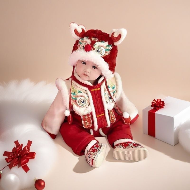 婴儿连体衣冬季加厚拜年服宝宝满月周岁礼服卡通超萌外出爬爬服