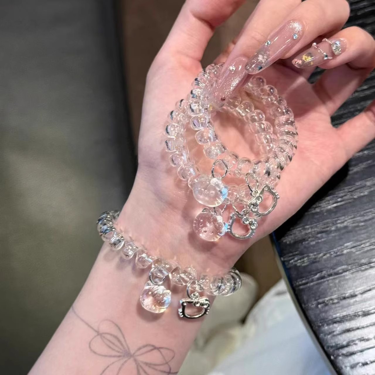 非金属仿水晶手链 原创Kitty吊坠透明电话圈ins可爱小猫手链情侣