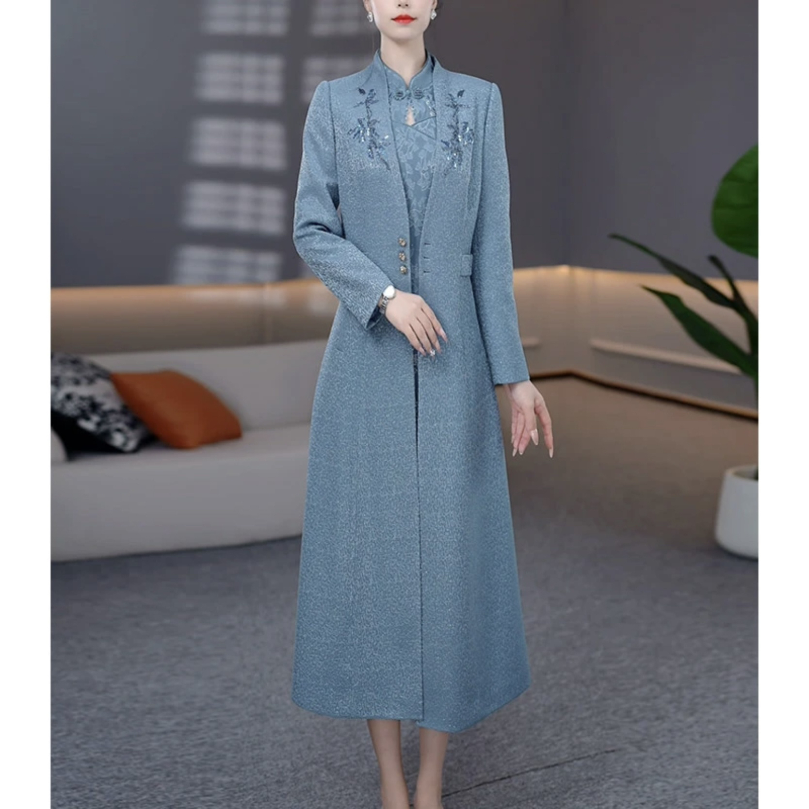 DBF-25B075MJ 【秋款风衣外套+连衣裙】时尚修身显瘦气质两件套裙