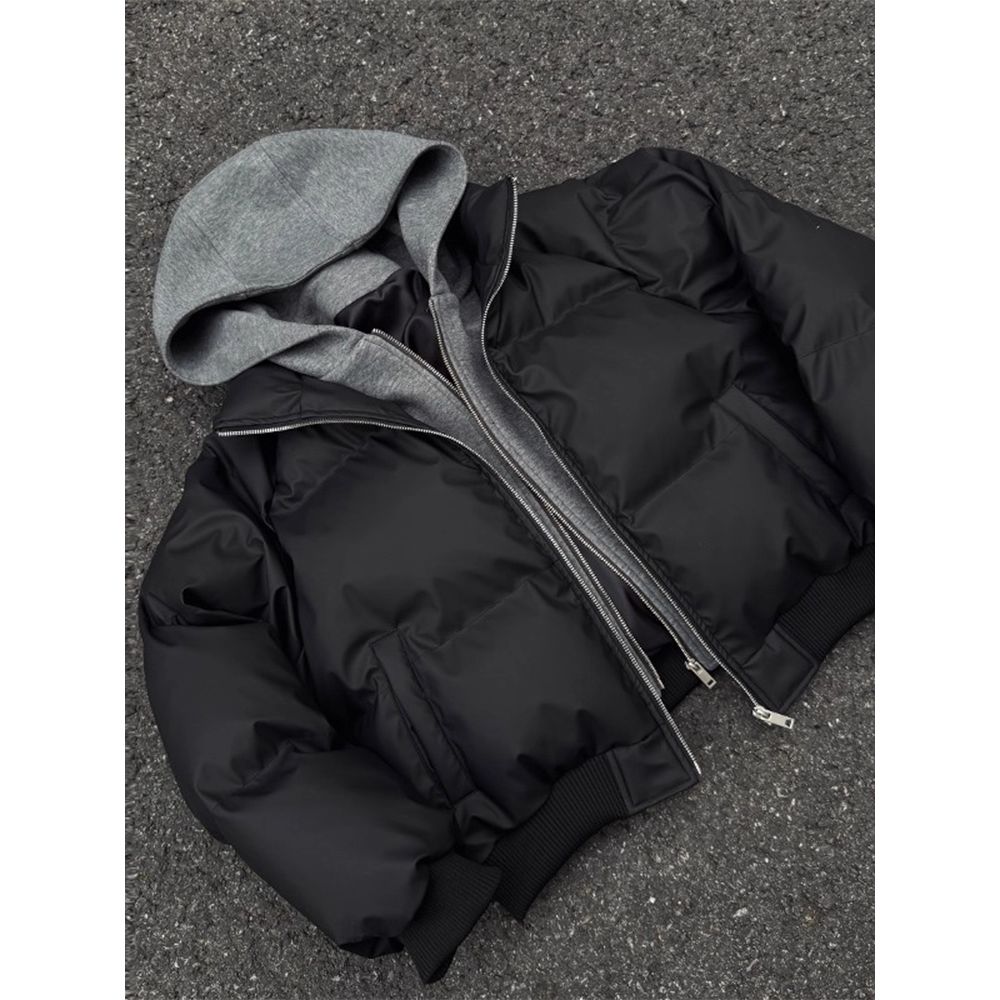 PU皮假两件连帽夹克棉服男冬季加厚保暖棉衣外套美式短款廓形棉袄