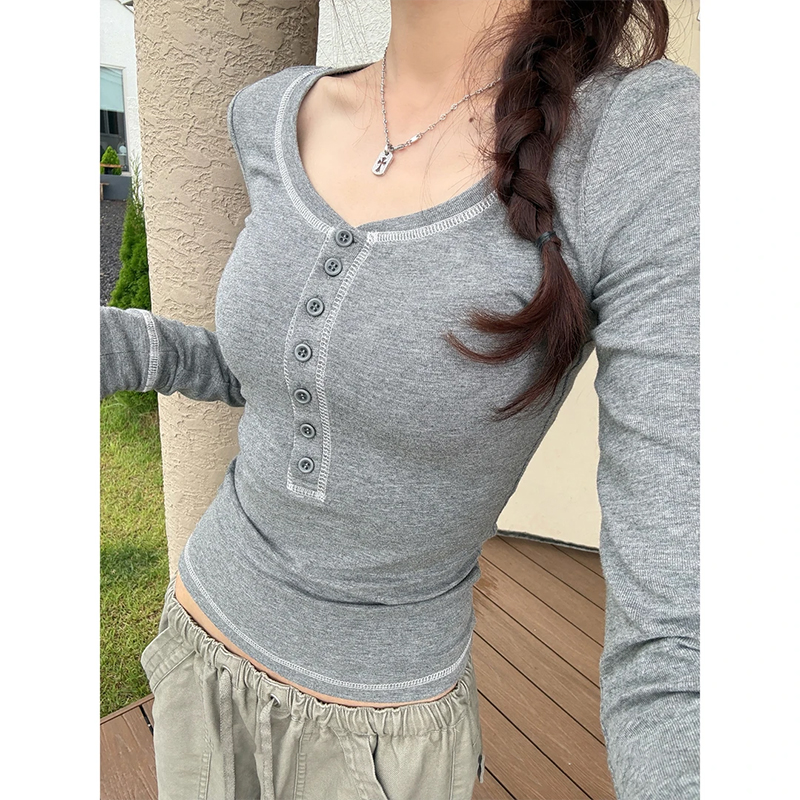 美式复古纽扣设计内搭长袖T恤女秋季修身显瘦打底衫明线小众上衣