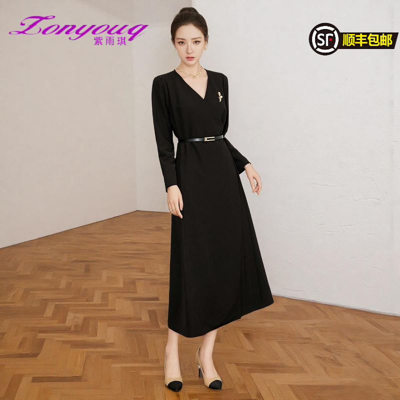 紫雨琪黑色春天新款法式优雅气质工装收腰显瘦V领长袖连衣裙女长
