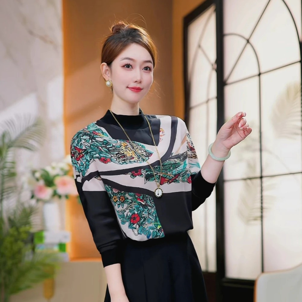 【墨上森章】2025秋冬新款圆领双轴丝百搭长袖宽松减龄上衣