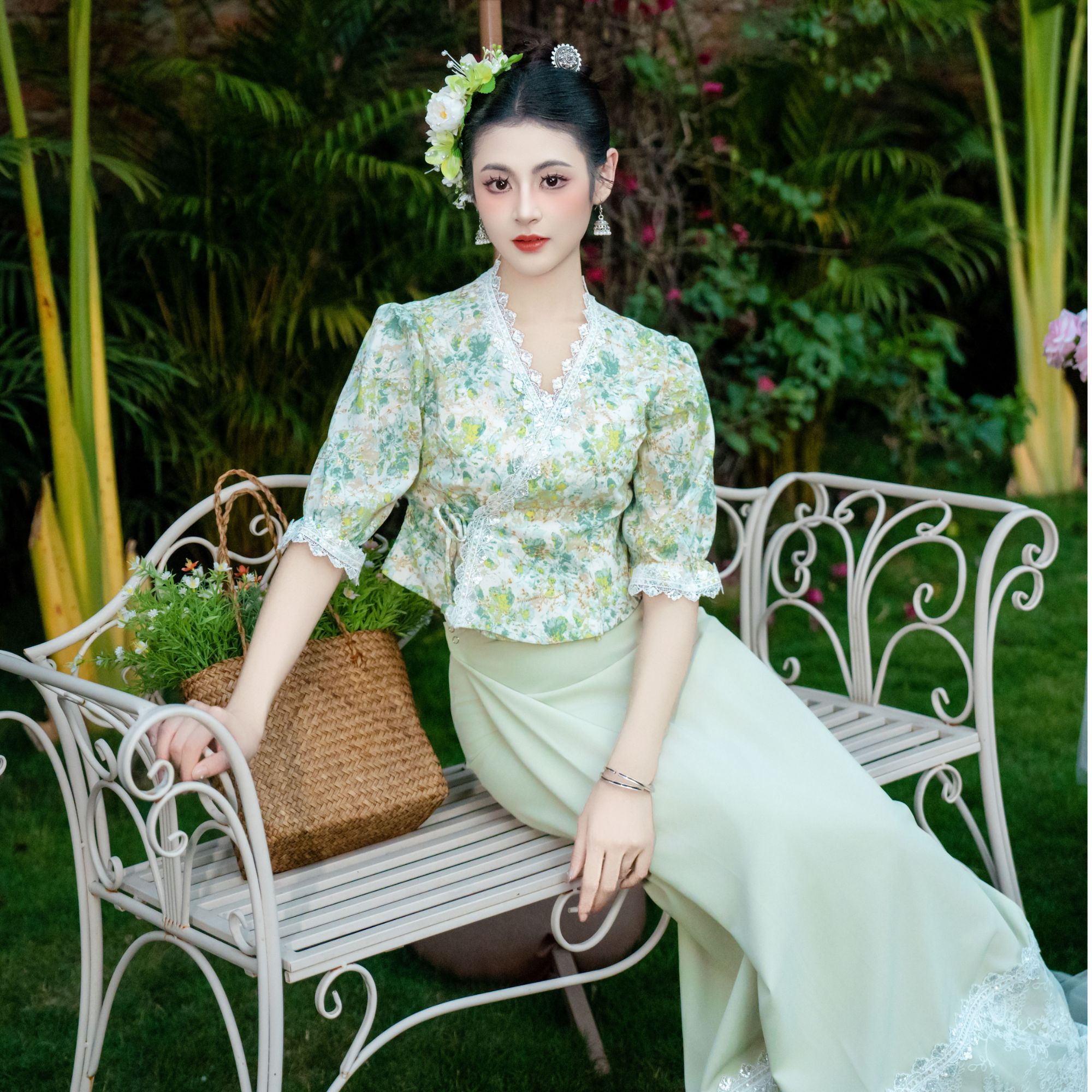 子依专享链接原创【绿意】薄荷小清新碎花减龄简约款筒式半身裙套装