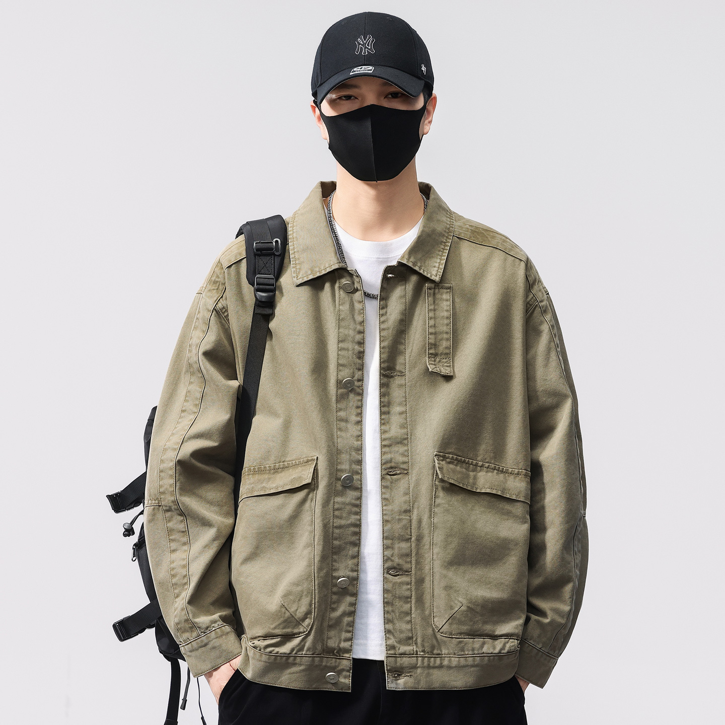 高级感痞帅纯棉休闲夹克男2025春秋季新款宽松大口袋工装外套潮流