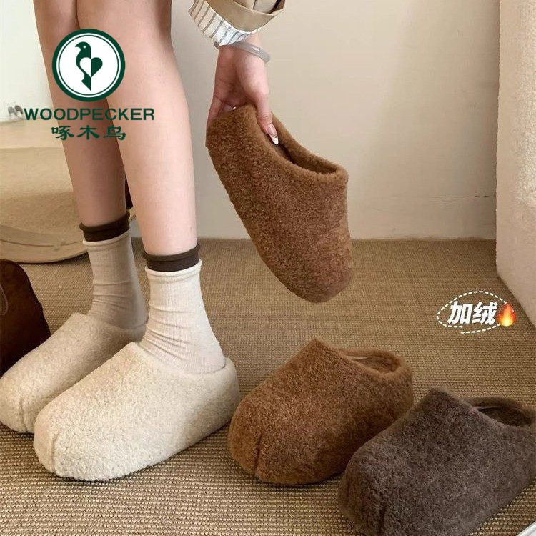 啄木鸟厚底6CM~卡皮巴拉毛毛鞋女秋冬包头棉鞋一脚蹬保暖加绒拖鞋