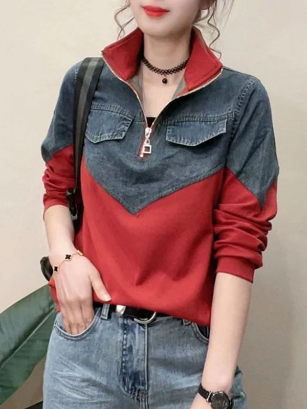 拼接牛仔卫衣女2025秋季新款休闲时尚立领半拉链洋气百搭长袖上衣