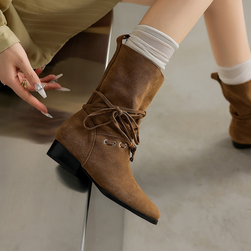 牛翻皮~时尚潮流西部牛仔堆堆靴2025秋冬新款瘦瘦靴女复古短靴子