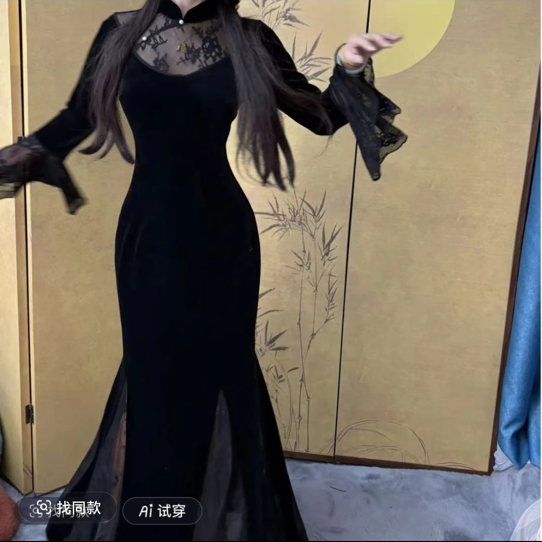 【舞者】复古秋冬丝绒喇叭袖设计感修身显瘦鱼尾连衣裙画报夫人