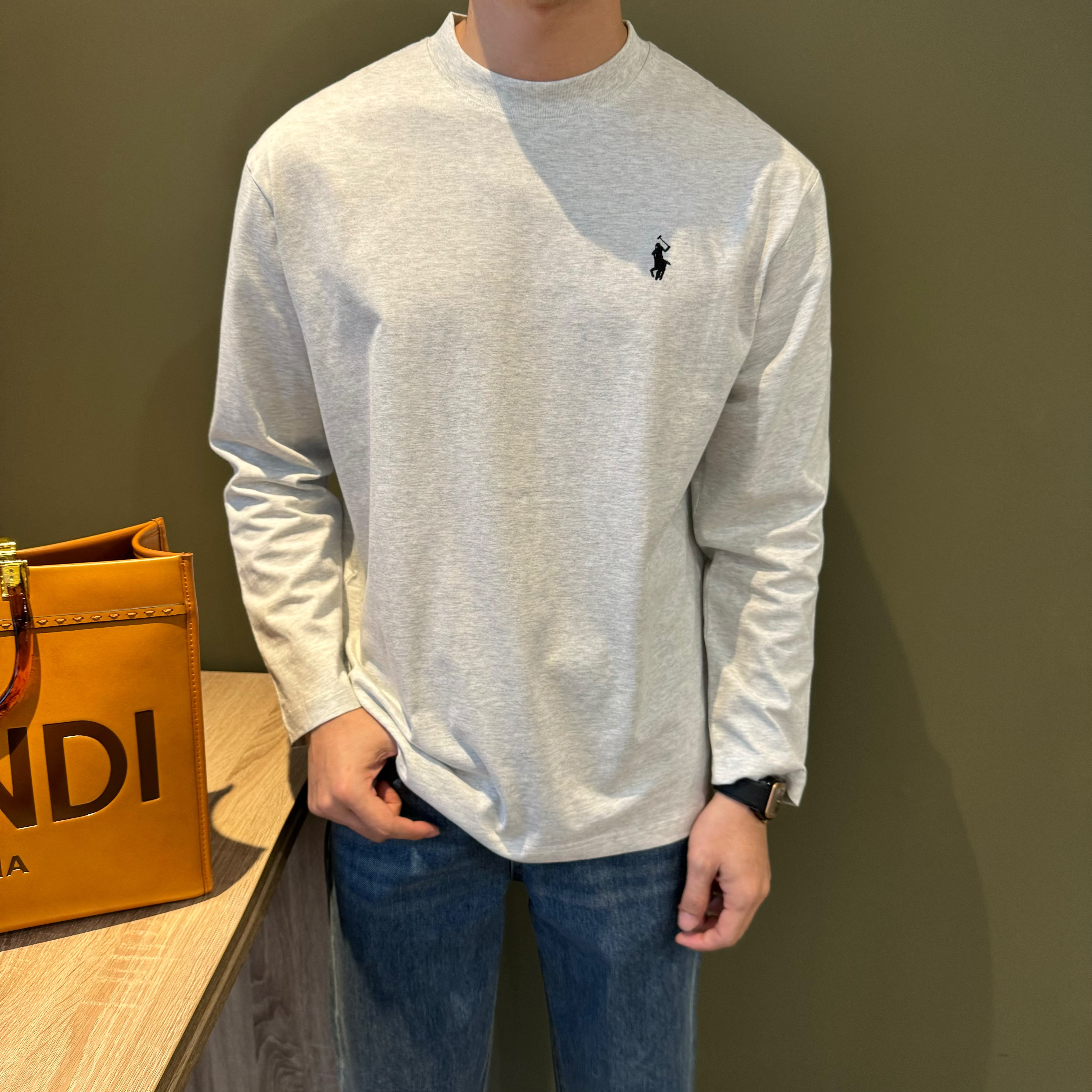 WUSHE物社【纯棉100%】男士小马刺绣慵懒长袖T恤韩版简约时尚打底衫