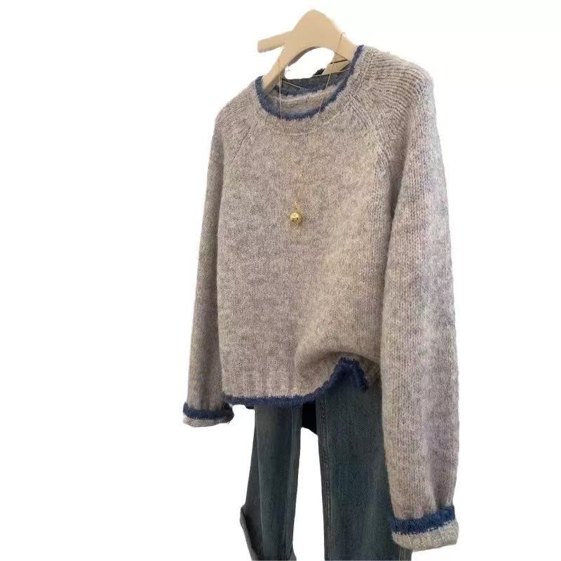 高级感灰色圆领套头针织毛衣女秋冬韩系复古宽松软糯拼色长袖上衣