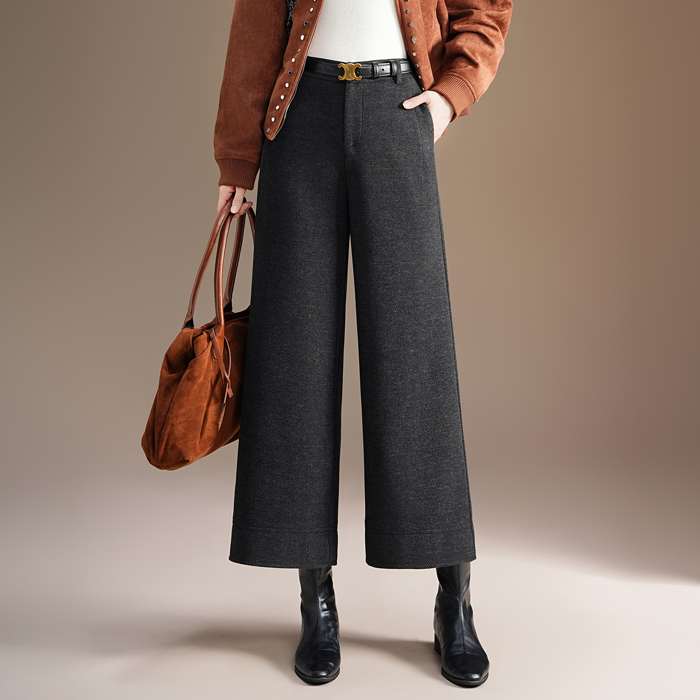 灰色羊毛呢九分裤女2025秋冬季新款加厚高腰显瘦小个子直筒阔腿裤