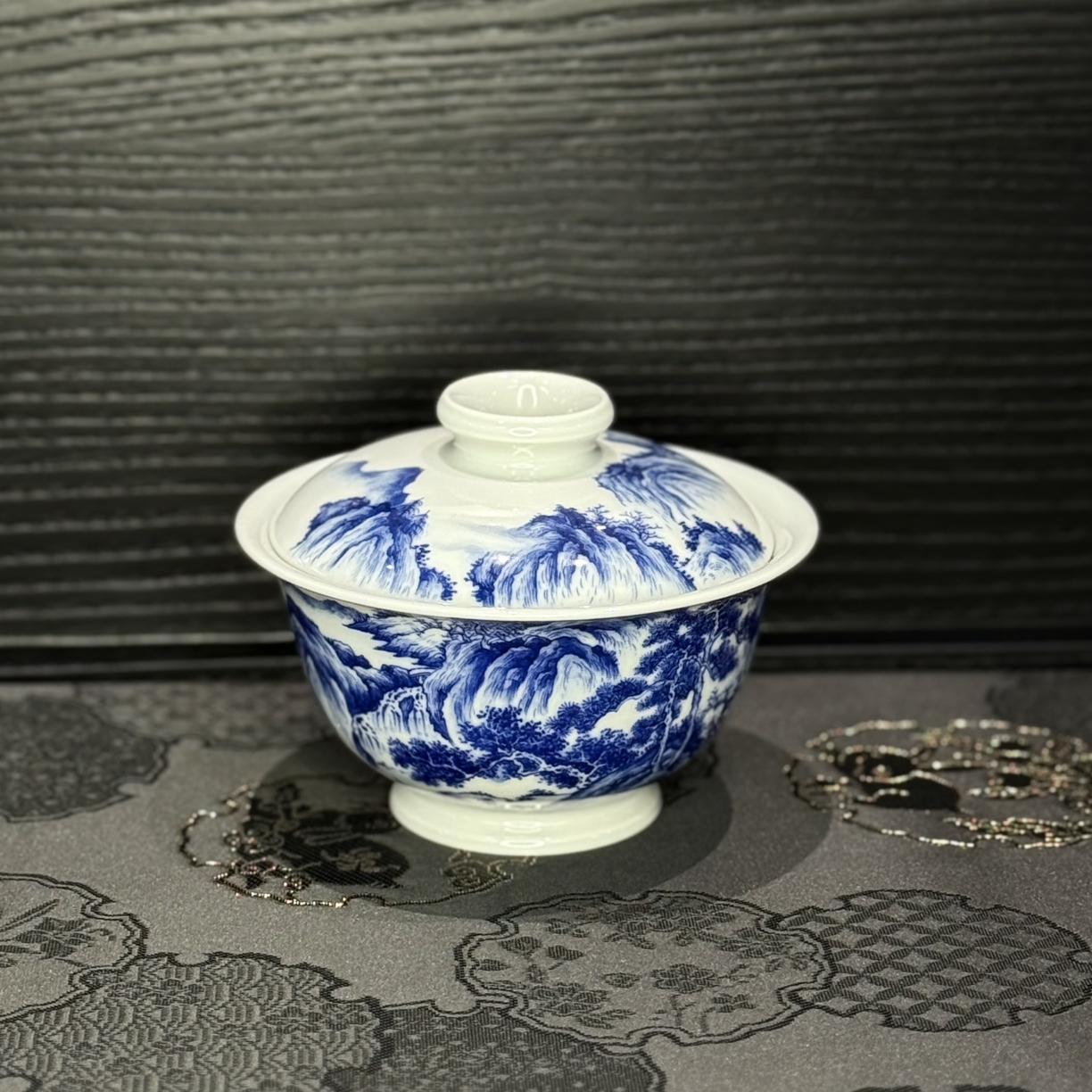 景德镇青花手工手绘山水二才盖碗大容量