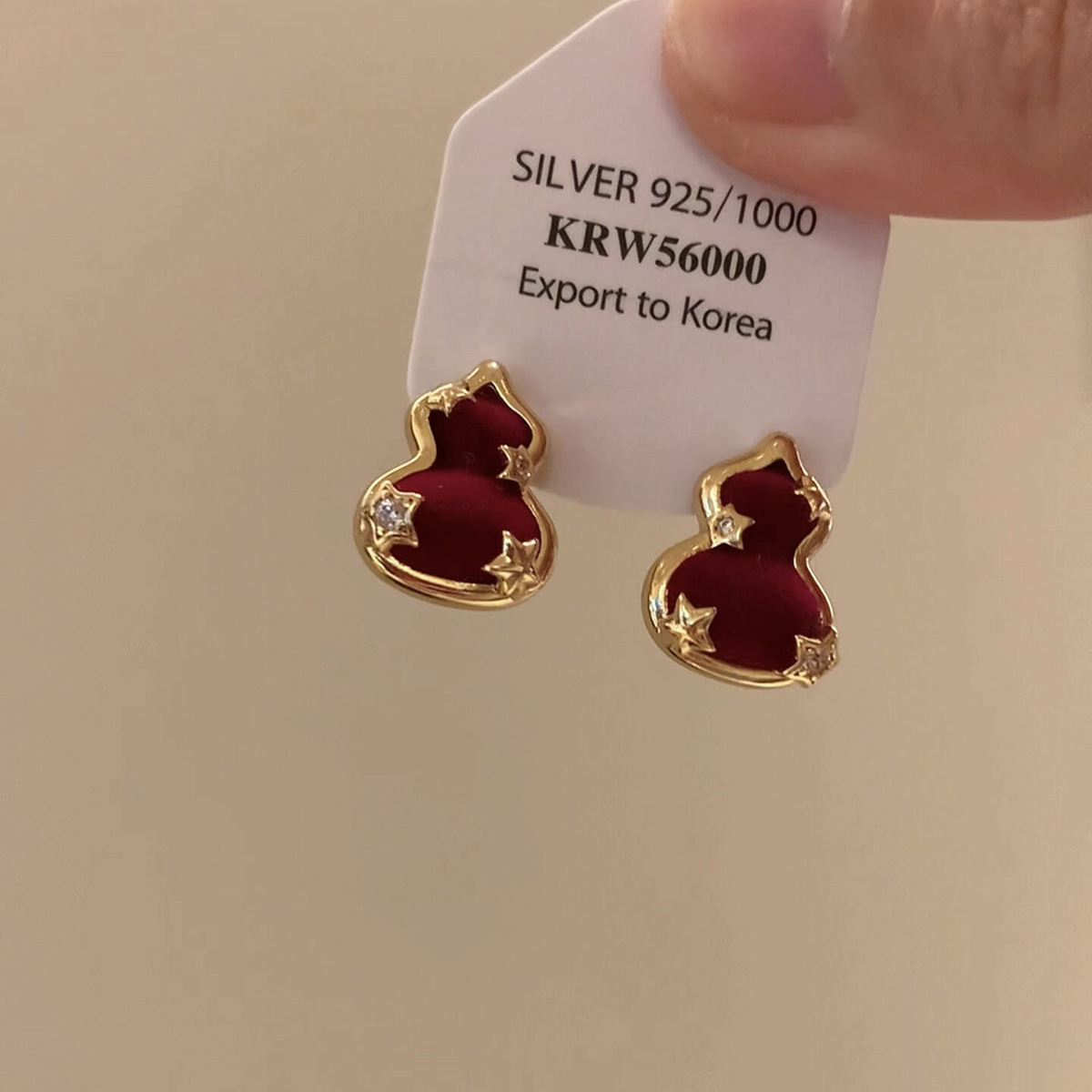 铜合金耳饰 新中式红色丝绒葫芦星星耳钉女秋冬复古气质过年耳饰