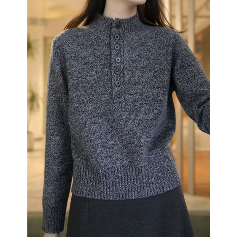半高领纽扣针织衫女秋冬新款宽松显瘦毛衣打底衫减龄短款显瘦上衣
