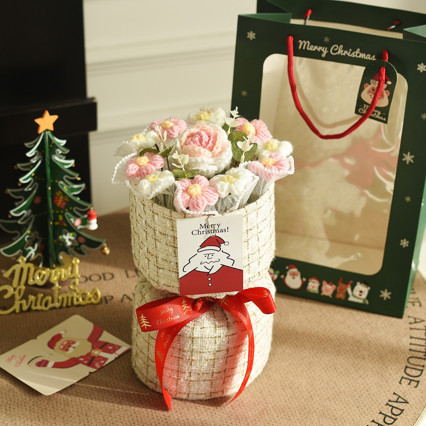 小香风抱抱桶针织毛线花编织向日葵玫瑰花束生日送长辈圣诞节礼物