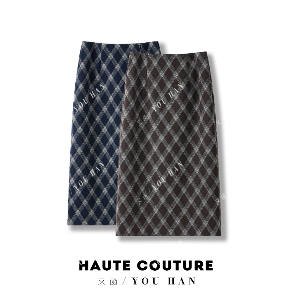秋冬格子半身裙毛呢菱形格中长裙韩系复古百搭气质设计感