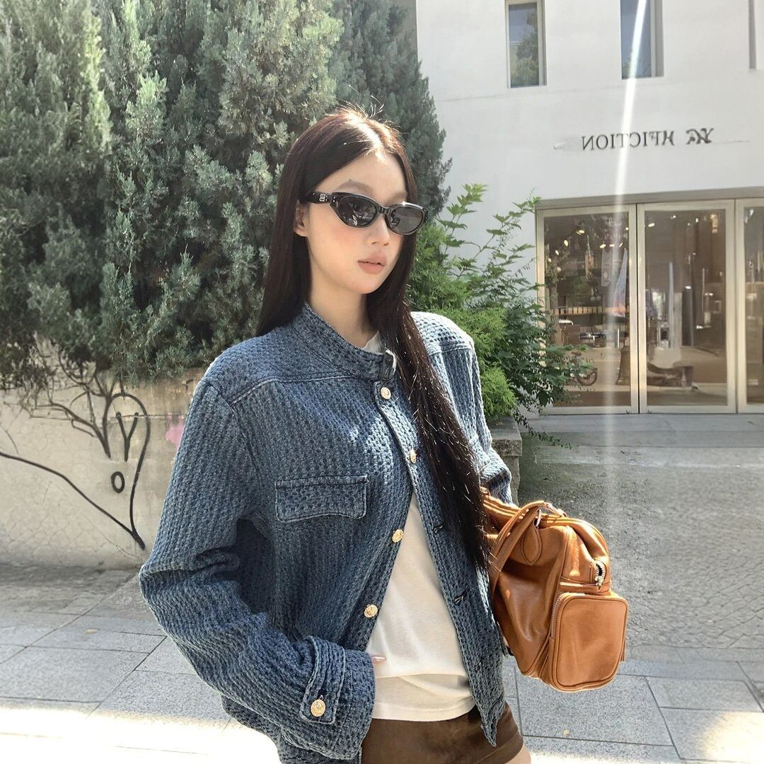 蓝色小香风牛仔外套2025秋季新款宽松肌理百搭立领上衣慵懒松弛感