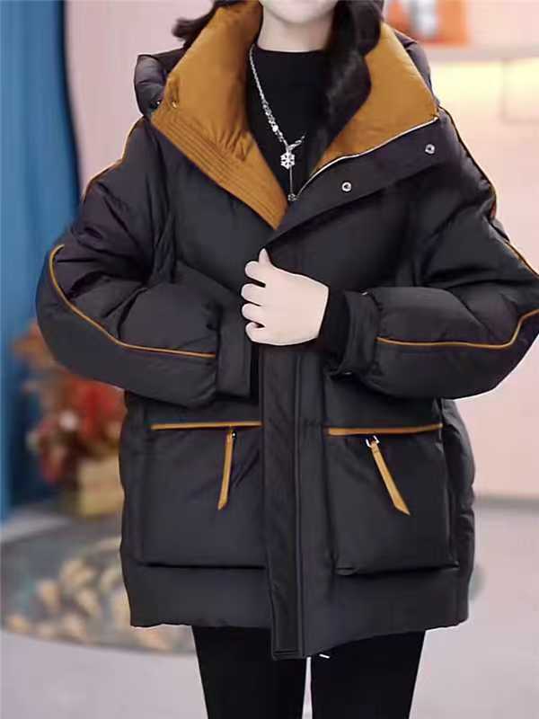 高品质】棉服女2025冬季新款拼接短款棉衣韩版宽松连帽棉袄外套潮