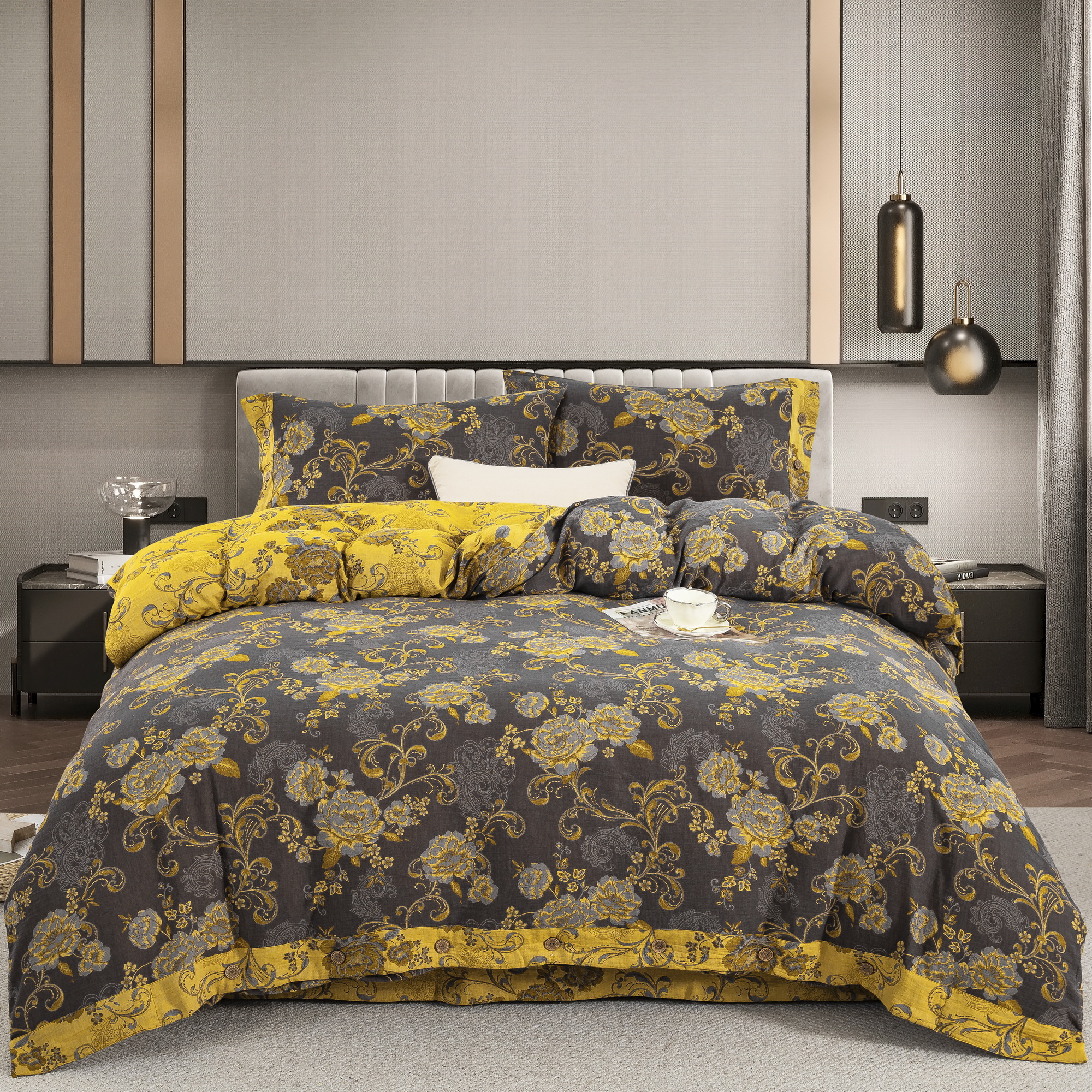 【良品绘】陌上花开-黑金 全棉双层纱四件套温暖柔软舒适四季款/